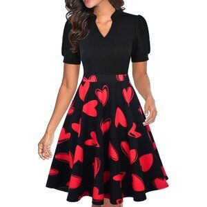Women Valentines Short Puff Sleeve Flare Semi-Formal Summer Dress With Pockets